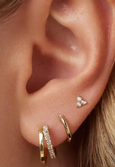 Beau Triple Stacking set - 18K Gold Plated Huggies hoops & stud 6 piece stacking set ~ cubic zirconia stone charm earrings