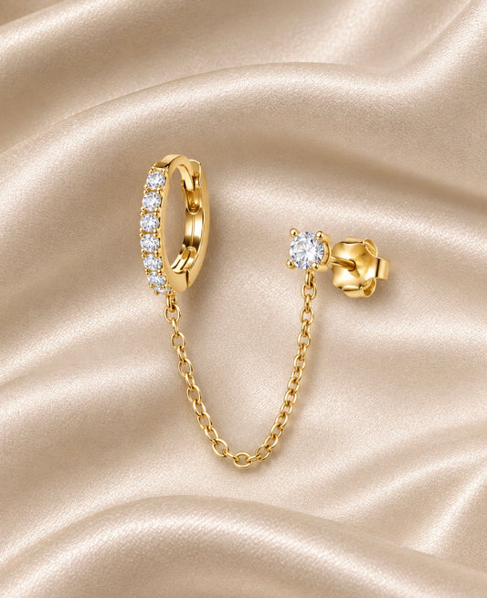 14K Gold Plated Cubic Zirconia Clear Gem Sparkle Mini Hoop Chain Stud Earrings