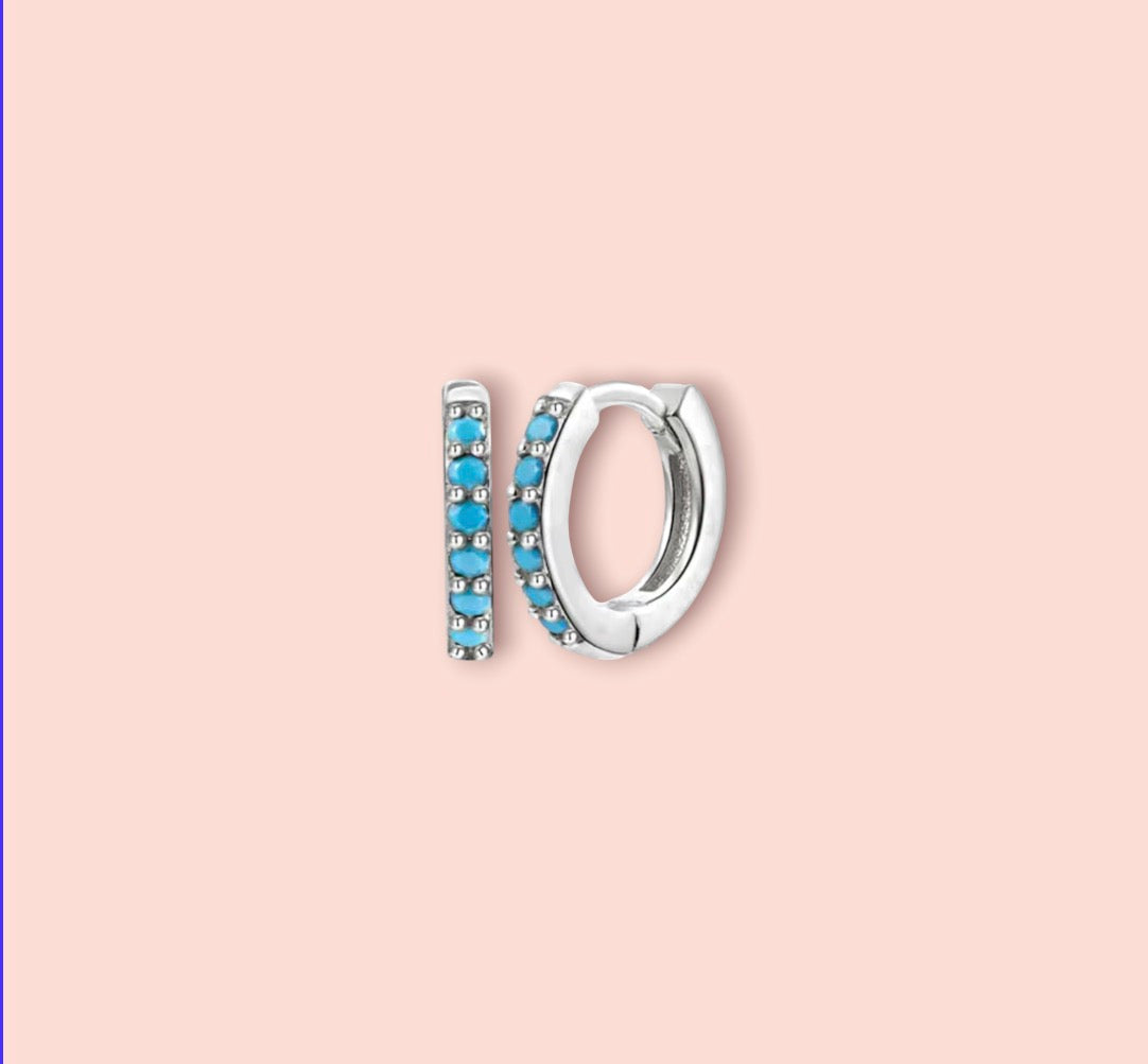 925 Sterling Silver Cubic Zirconia Turquoise Gem 11mm mini Hoop Earrings