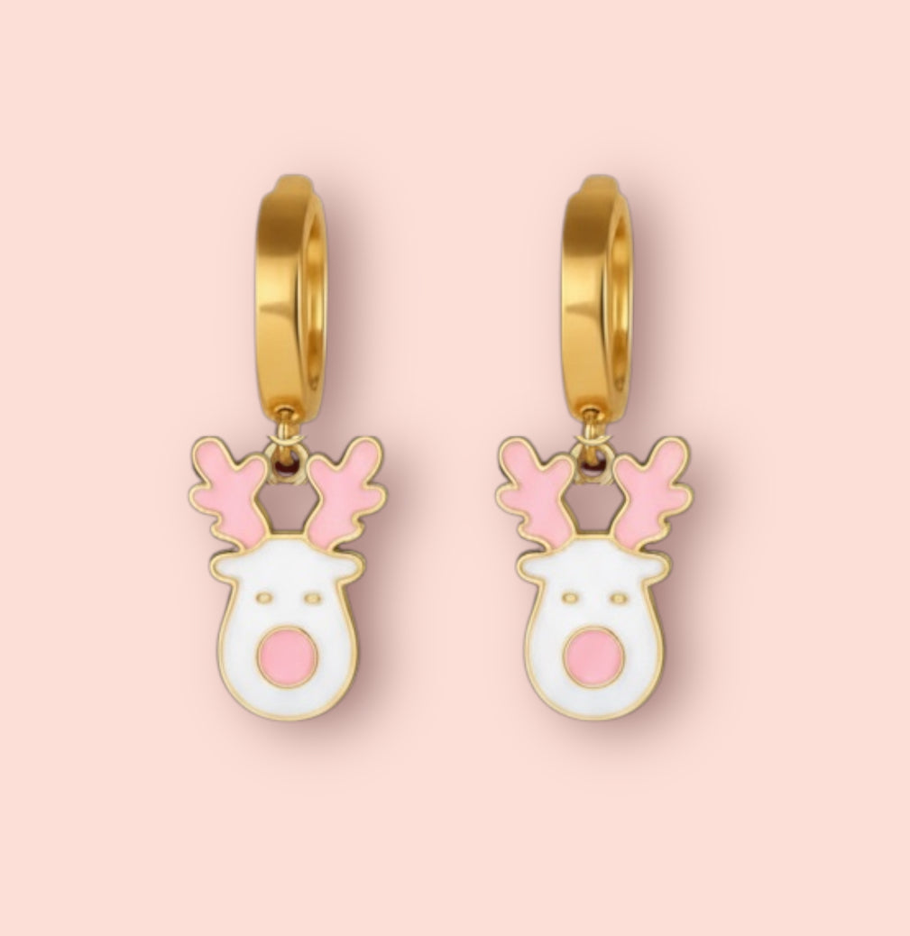 18K Gold Plated Huggies Hoop Earrings with pink & white Reindeer charm - Christmas Festive dangly