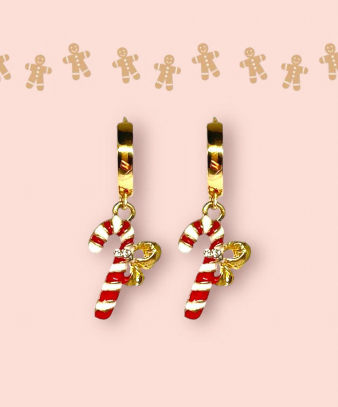 18K Gold Plated Huggies Hoop Earrings with Candy Cane charm - Christmas Festive danglyi