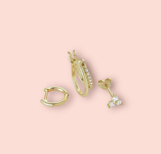 Beau Triple Stacking set - 18K Gold Plated Huggies hoops & stud 6 piece stacking set ~ cubic zirconia stone charm earrings