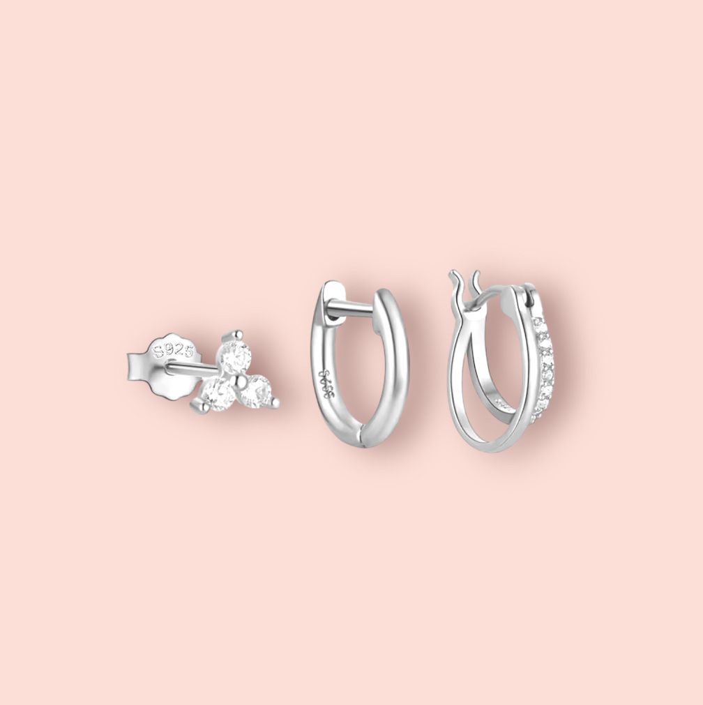 Beau Triple Stacking set - 925 Sterling Silver Huggies hoops & stud 6 piece stacking set ~ cubic zirconia stone charm earrings