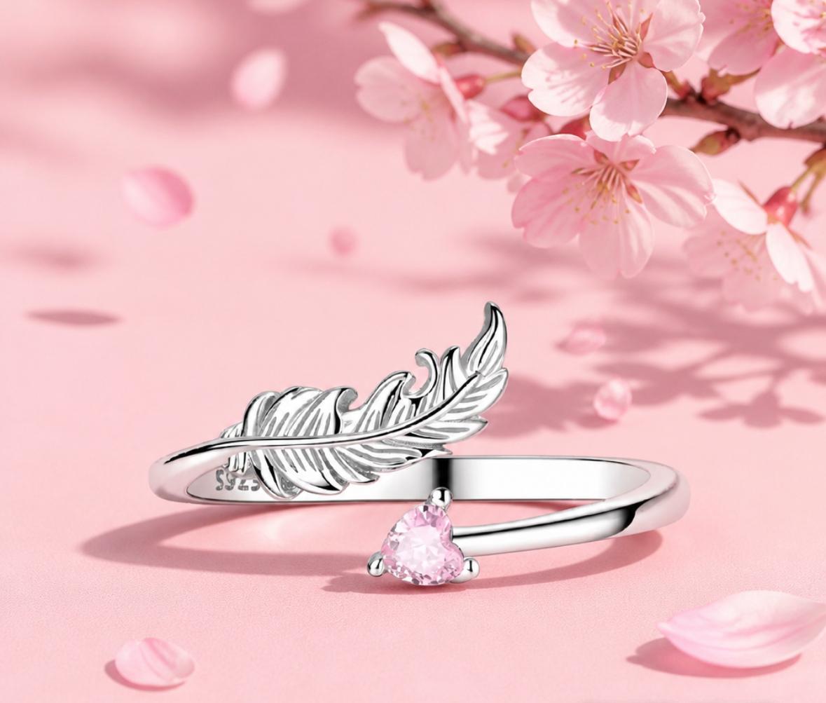 925 Sterling Silver Feather Heart Gem adjustable ring!