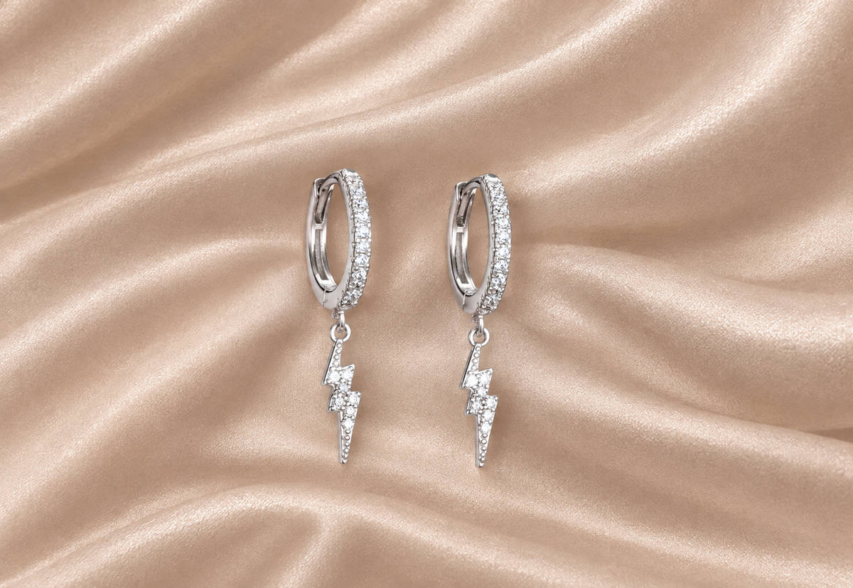 925 Sterling Silver Lightning Bolt Charm Huggies 11mm Hoop Cubic Zirconia Gem Earrings dangly