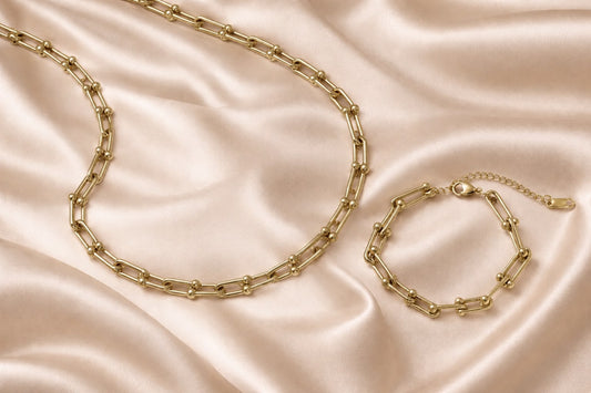 18K Gold Plated Link Hardware Paperclip Chain Necklace & Bracelet Jewellery Set Waterproof PVD coated