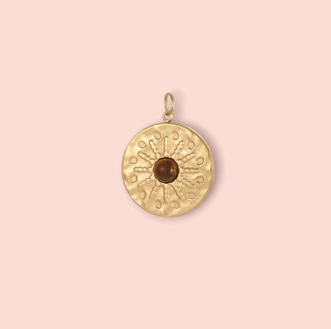 18K Gold Plated Round Tigers Eye Stone Charm