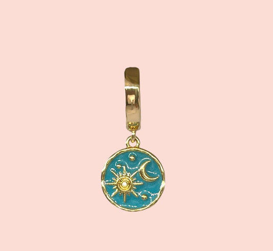 18K Gold Plated Huggies hoop Sun & Moon charm turquoise blue green disc Celestial Earrings