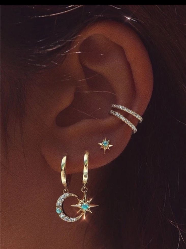 18K Gold Plated Huggies hoop Moon & Star cubic zirconia turquoise opal stone charm Earrings dangly