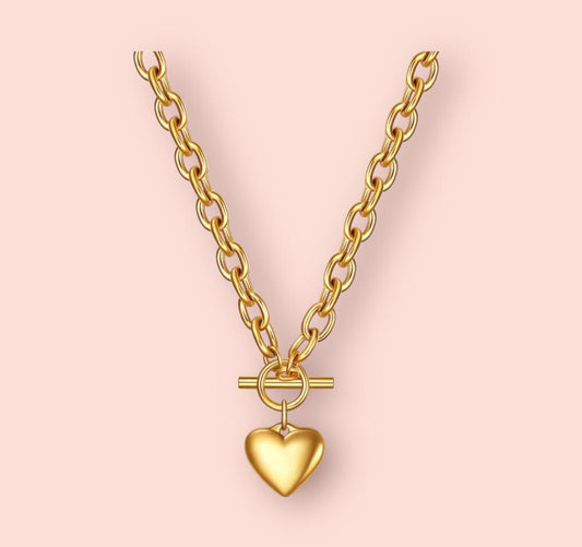 18K Gold Plated T-Bar Solid Heart Charm Waterproof Necklace Chain