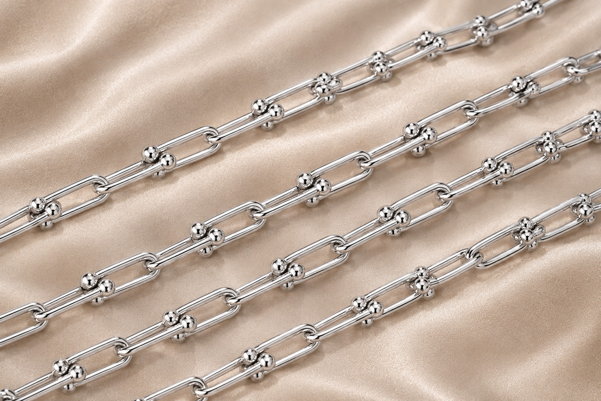 Silver Link Hardware Paperclip Chain Necklace & Bracelet Jewellery Set PVD coated waterproof
