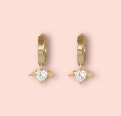 18K Gold Plated Huggies Hoop Heart Wing Cubic Zirconia charm Earrings dangly