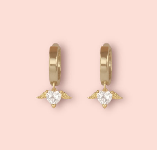 18K Gold Plated Huggies Hoop Heart Wing Cubic Zirconia charm Earrings dangly