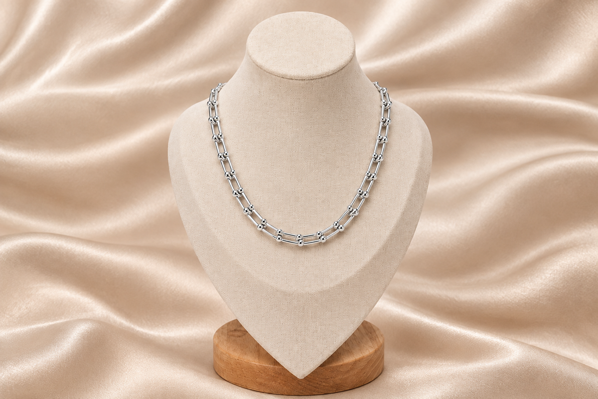 Silver Link Hardware Paperclip Chain Necklace & Bracelet Jewellery Set PVD coated waterproof