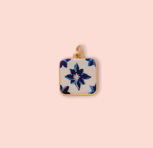 18K Gold Plated Hand Painted Blue Tile Enamel Charm