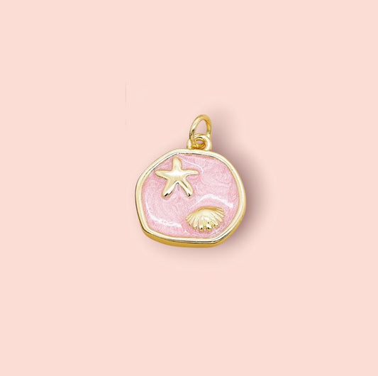 18K Gold Plated Scallop & Starfish Pink Disc Charm