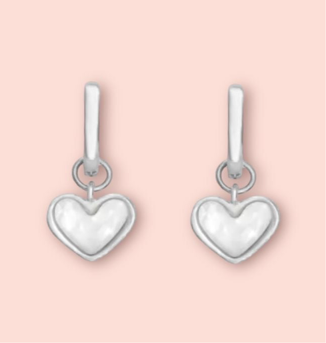 Jewellery Set - White Quartz Heart 925 Sterling Silver plated Chain Necklace & matching Huggie hoop earrings - Wedding jewellery