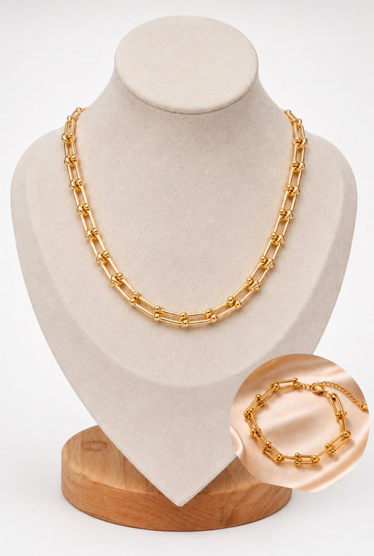 18K Gold Plated Link Hardware Paperclip Chain Necklace & Bracelet Jewellery Set Waterproof PVD coated