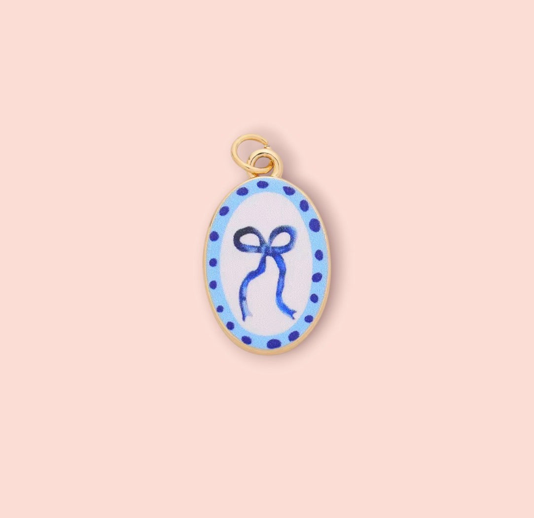 18K Gold Plated Hand Painted Oval Blue Bow Enamel Charm