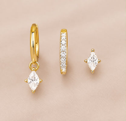 Diamond Triple Stacking set - 18K Gold Plated Huggies hoops & stud 6 piece stacking set ~ cubic zirconia stone charm earrings