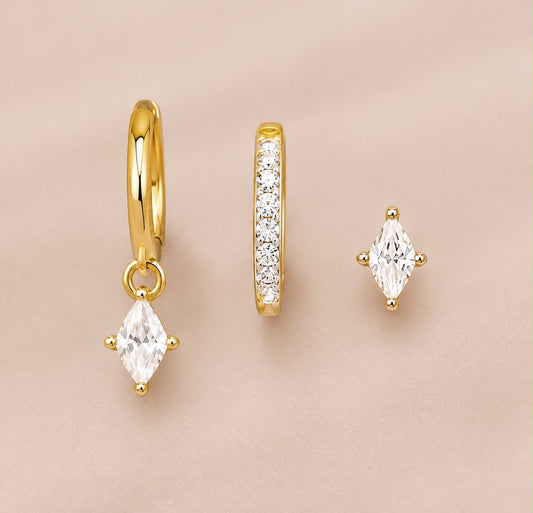 Diamond Triple Stacking set - 18K Gold Plated Huggies hoops & stud 6 piece stacking set ~ cubic zirconia stone charm earrings