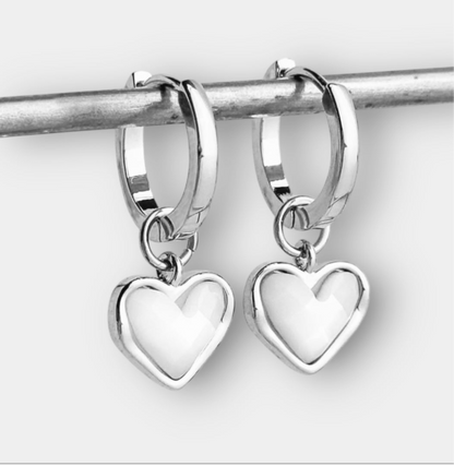 Jewellery Set - White Quartz Heart 925 Sterling Silver plated Chain Necklace & matching Huggie hoop earrings - Wedding jewellery