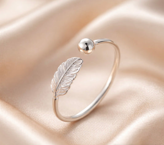 925 Sterling Silver plated Feather adjustable ring