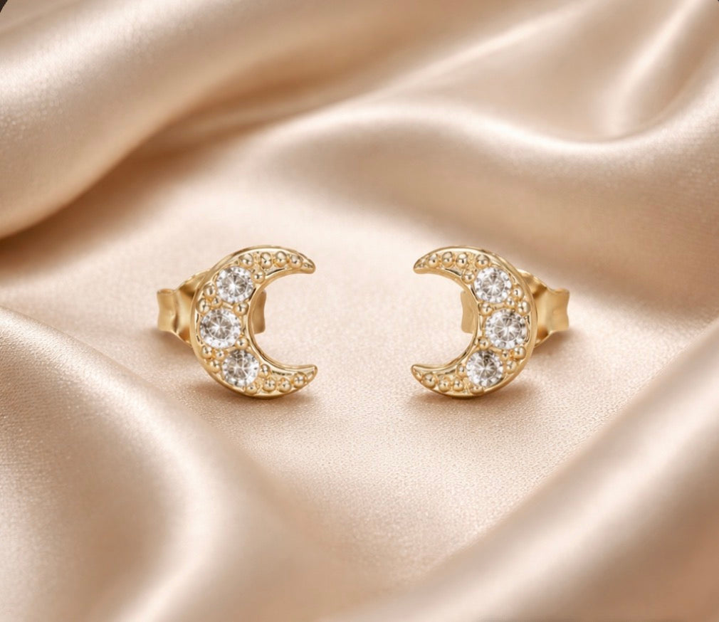 18K gold plated Sparkle Moon stud earrings with cubic zirconia