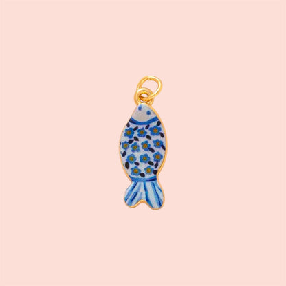 18K Gold Plated Hand painted blue Fish Enamel Charm Huggies earrings coastal beach