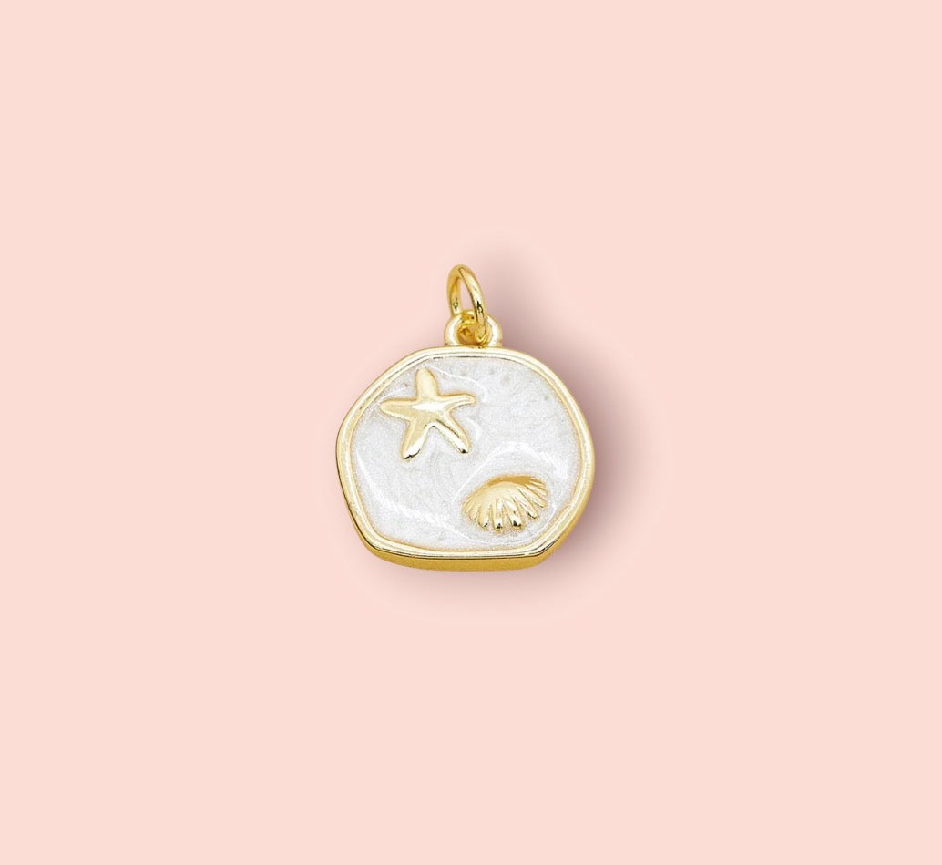 18K Gold Plated Scallop & Starfish White Disc Charm
