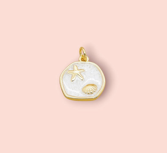 18K Gold Plated Scallop & Starfish White Disc Charm