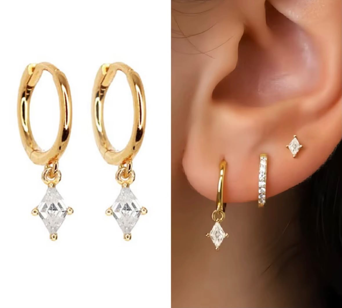 Diamond Triple Stacking set - 18K Gold Plated Huggies hoops & stud 6 piece stacking set ~ cubic zirconia stone charm earrings