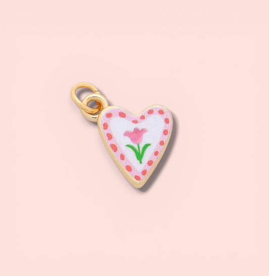18K Gold Plated Hand Painted Pink Heart Flower Enamel Charm