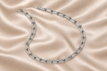Silver Link Hardware Paperclip Chain Necklace & Bracelet Jewellery Set PVD coated waterproof