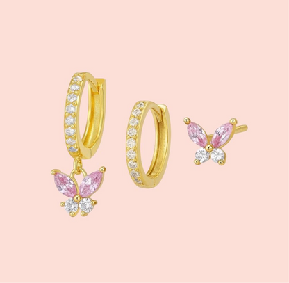 Pink Butterfly Triple Stacking set - 18K Gold Plated Huggies hoops & stud 6 piece stacking set ~ cubic zirconia stone charm earrings