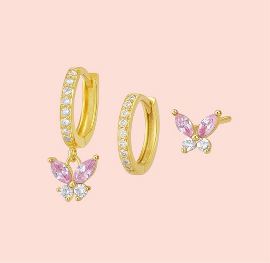 Pink Butterfly Triple Stacking set - 18K Gold Plated Huggies hoops & stud 6 piece stacking set ~ cubic zirconia stone charm earrings
