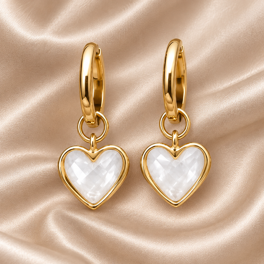 White Quartz Heart Huggies hoop earrings 18K Gold Plated Wedding jewellery