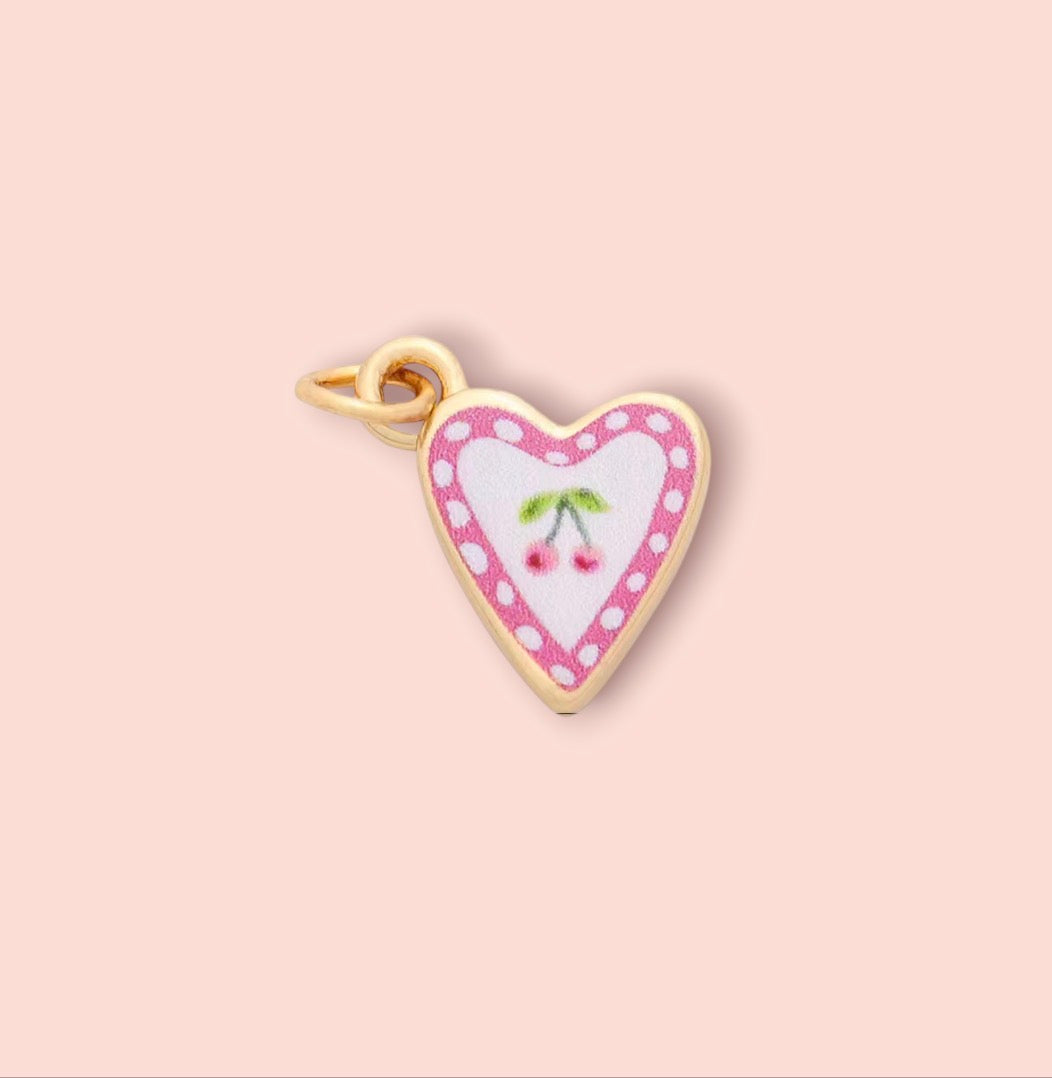 18K Gold Plated Hand Painted Heart Cherries Enamel Charm