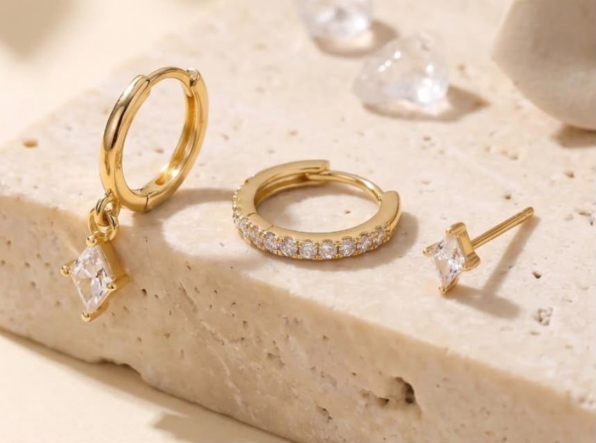 Diamond Triple Stacking set - 18K Gold Plated Huggies hoops & stud 6 piece stacking set ~ cubic zirconia stone charm earrings