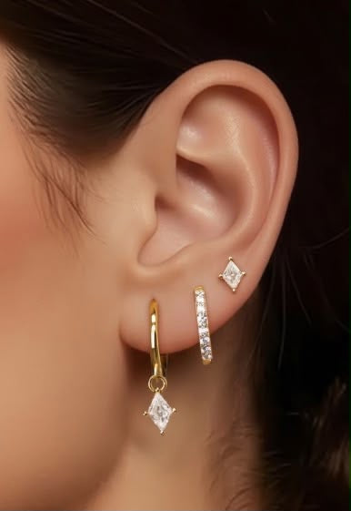 Diamond Triple Stacking set - 18K Gold Plated Huggies hoops & stud 6 piece stacking set ~ cubic zirconia stone charm earrings