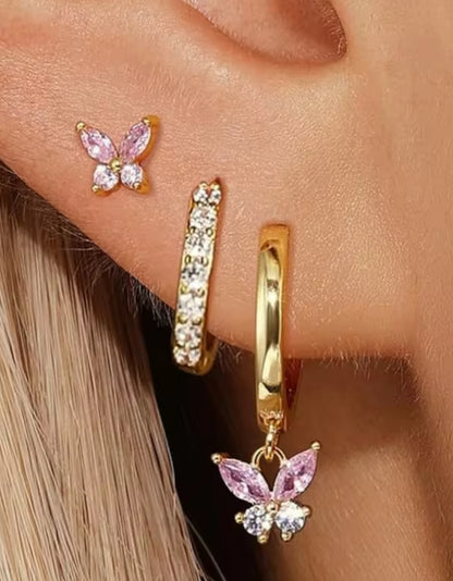 Pink Butterfly Triple Stacking set - 18K Gold Plated Huggies hoops & stud 6 piece stacking set ~ cubic zirconia stone charm earrings