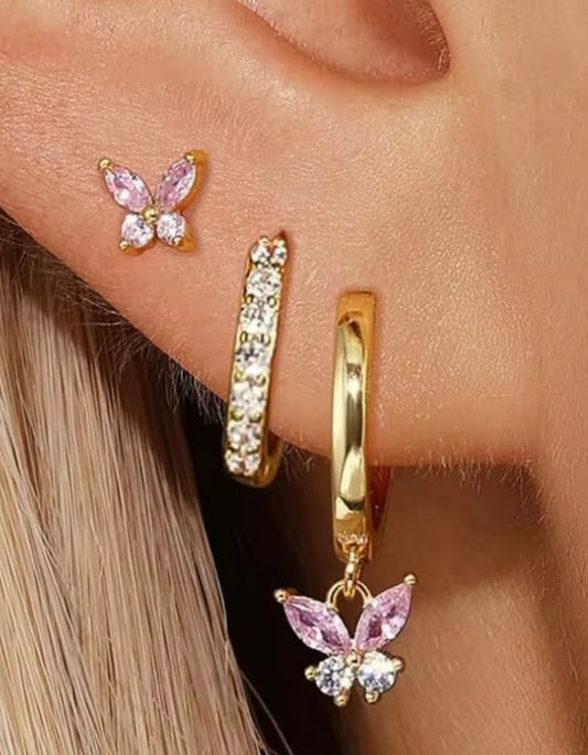 Pink Butterfly Triple Stacking set - 18K Gold Plated Huggies hoops & stud 6 piece stacking set ~ cubic zirconia stone charm earrings