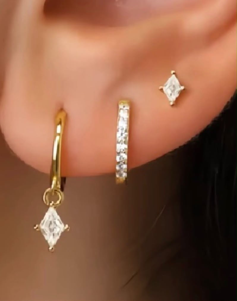 Diamond Triple Stacking set - 18K Gold Plated Huggies hoops & stud 6 piece stacking set ~ cubic zirconia stone charm earrings