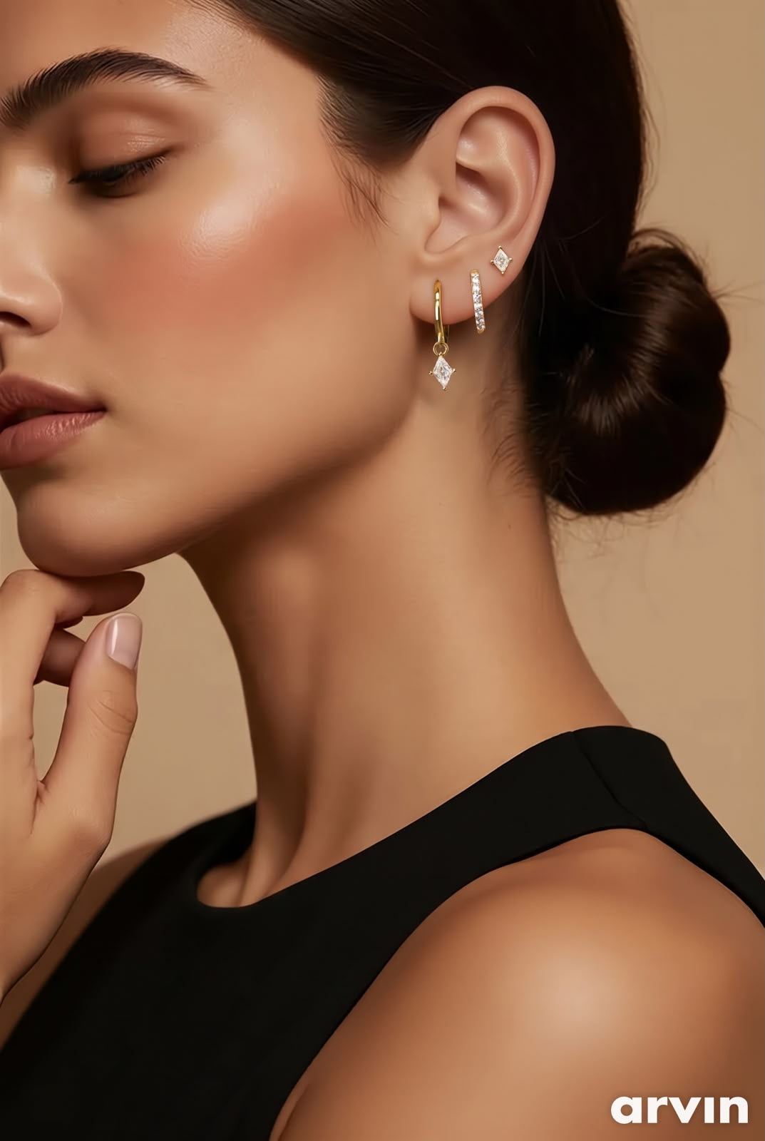 Diamond Triple Stacking set - 18K Gold Plated Huggies hoops & stud 6 piece stacking set ~ cubic zirconia stone charm earrings
