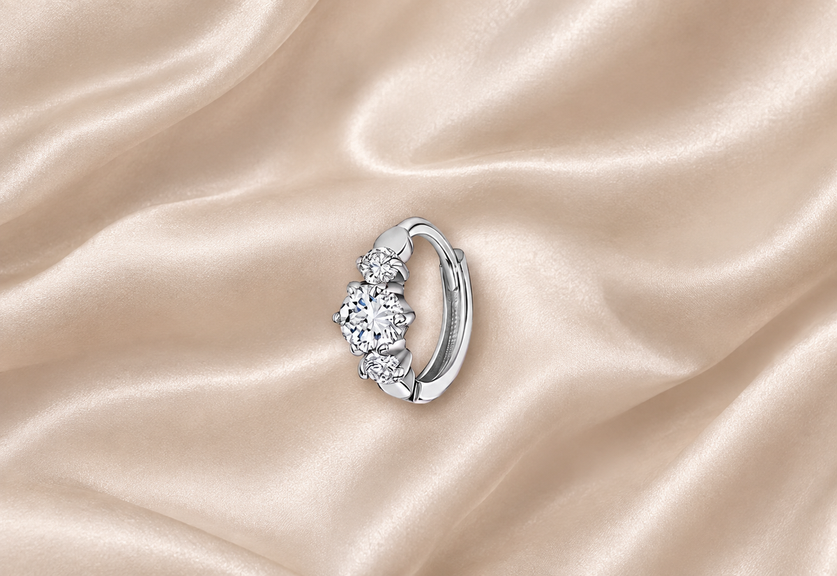 925 Sterling Silver 8mm Mini Triple Gem Earring/ Cartilage Tragus Helix Huggie hoop with sparkly cubic zirconia stones!
