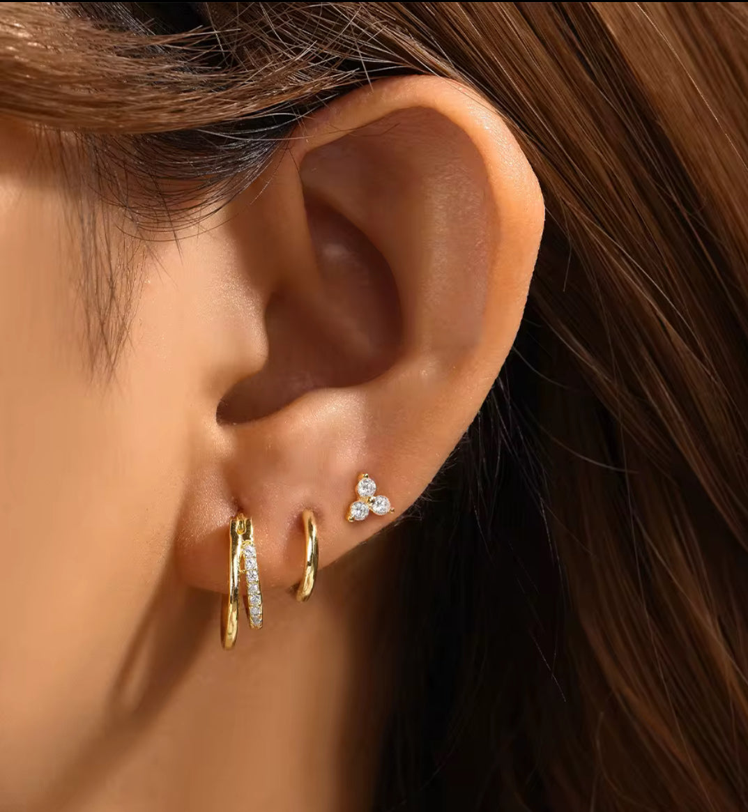 Beau Triple Stacking set - 18K Gold Plated Huggies hoops & stud 6 piece stacking set ~ cubic zirconia stone charm earrings