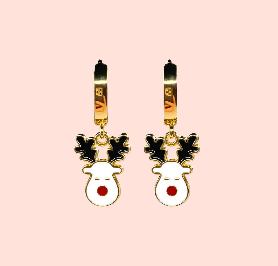 18K Gold Plated Huggies Hoop Earrings with Reindeer Charm - Christmas Festive dangly