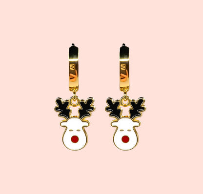 18K Gold Plated Huggies Hoop Earrings with Reindeer Charm - Christmas Festive dangly