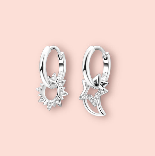 925 Sterling Silver Solar Huggies hoop Sun, Moon & Star cubic zirconia charm celestial earrings