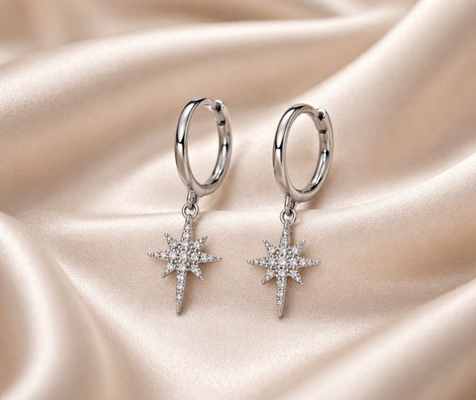 925 Sterling Silver Star Charm 11mm Huggies Hoop Cubic Zirconia Gem Earrings dangly